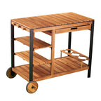 Natural Acacia / Black Outdoor Bar Cart with Storage, 3 Shelves & Bottle Holders
