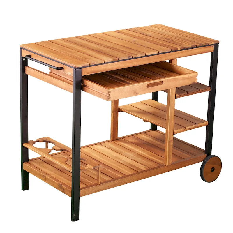 Natural Acacia / Black Outdoor Bar Cart with Storage, 3 Shelves & Bottle Holders