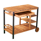 Natural Acacia / Black Outdoor Bar Cart with Storage, 3 Shelves & Bottle Holders