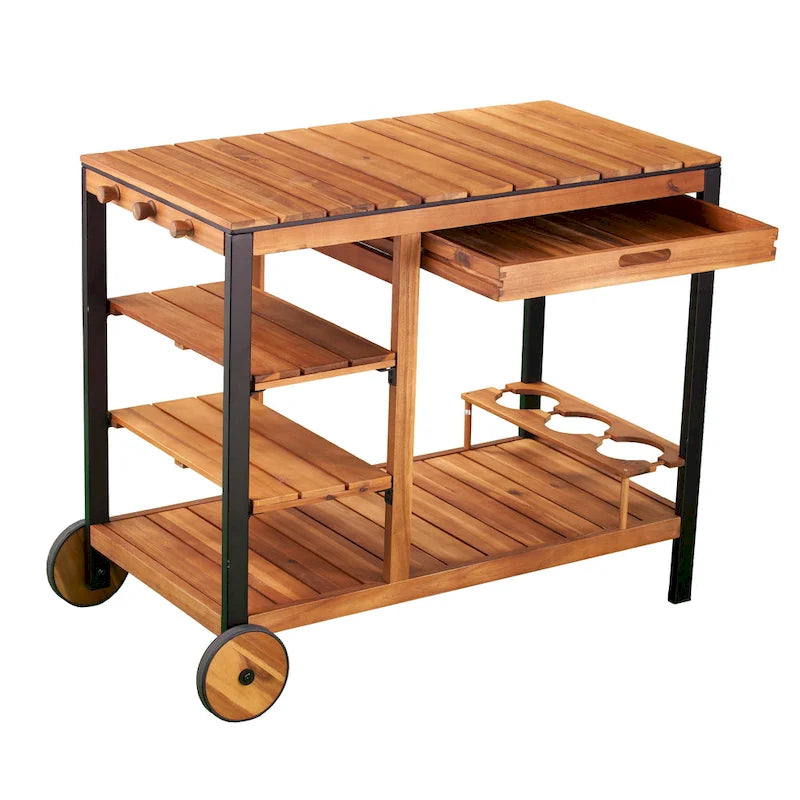 Natural Acacia / Black Outdoor Bar Cart with Storage, 3 Shelves & Bottle Holders