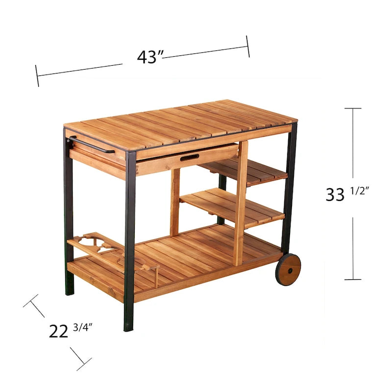 Natural Acacia / Black Outdoor Bar Cart with Storage, 3 Shelves & Bottle Holders