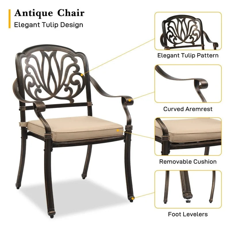 Antique Bronze Cast Aluminum Stackable Dining Chair, Set of 2, With/Without Cushion
