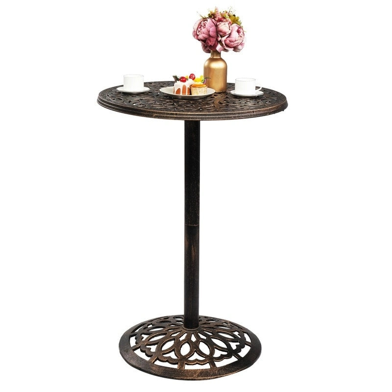 Bronze Round Bar Height Pub Table for 2 – Floral Cast Aluminum Top