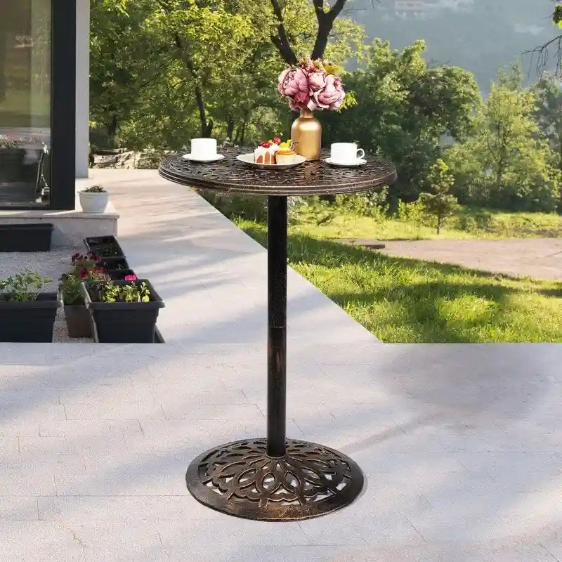 Bronze Round Bar Height Pub Table for 2 – Floral Cast Aluminum Top