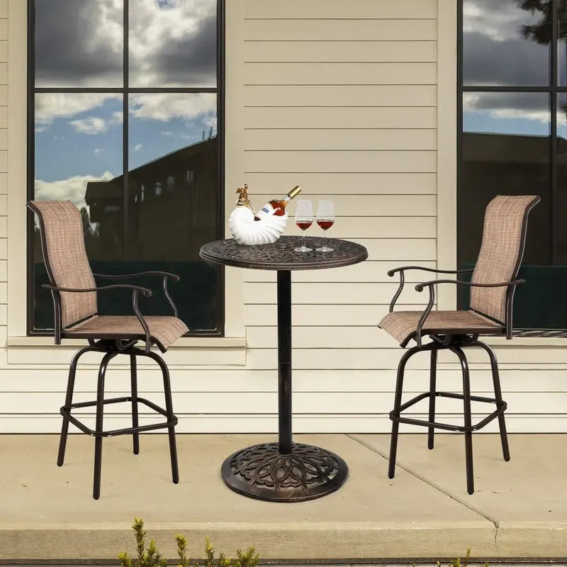 Bronze Round Bar Height Pub Table for 2 – Floral Cast Aluminum Top