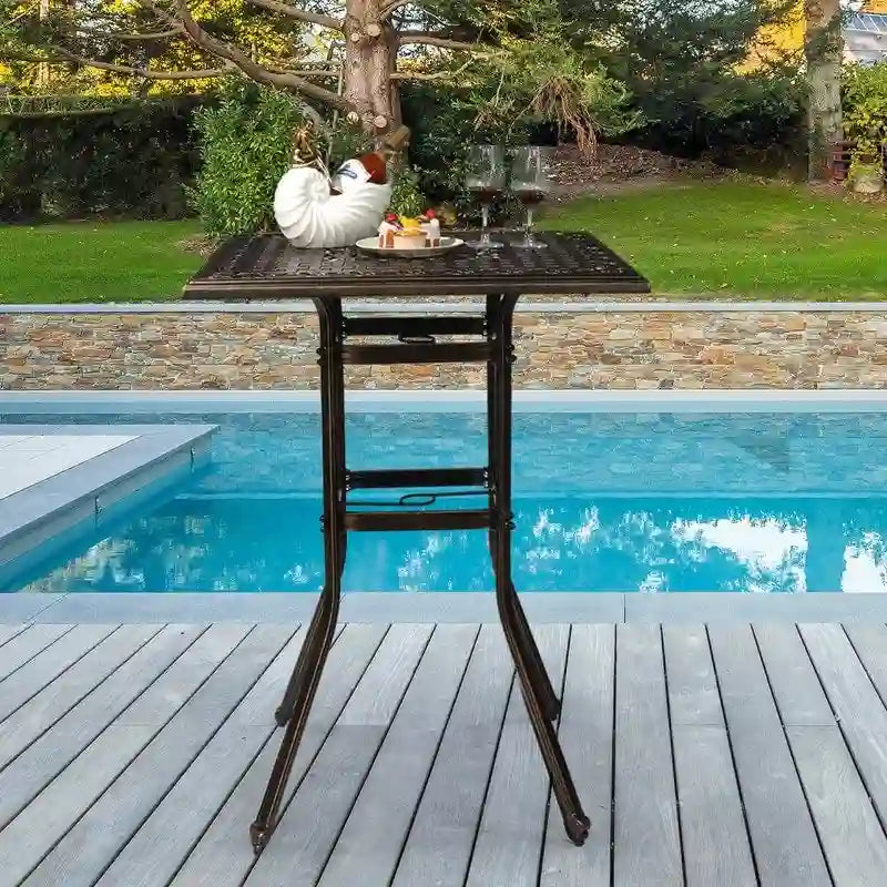 bar height patio table with umbrella 2 chairs Pellebant Aluminum Outdoor Square Bar Table with Umbrella Hole