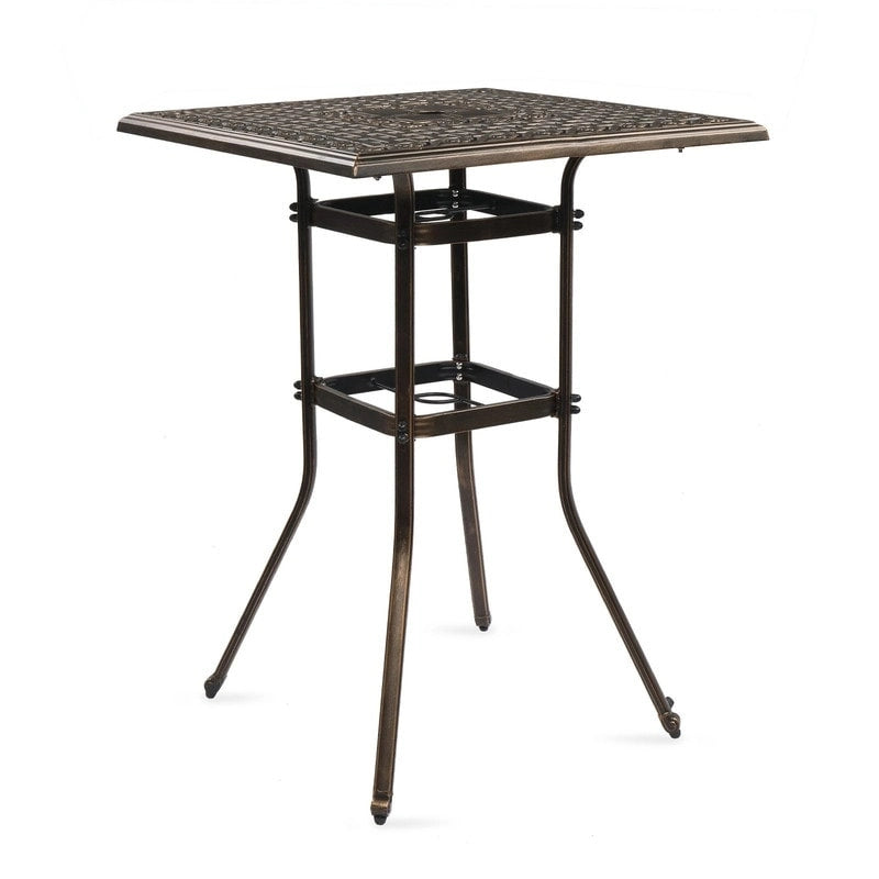 Antique Bronze Square Bar Height Patio Table with Umbrella Hole – Seats 1–2