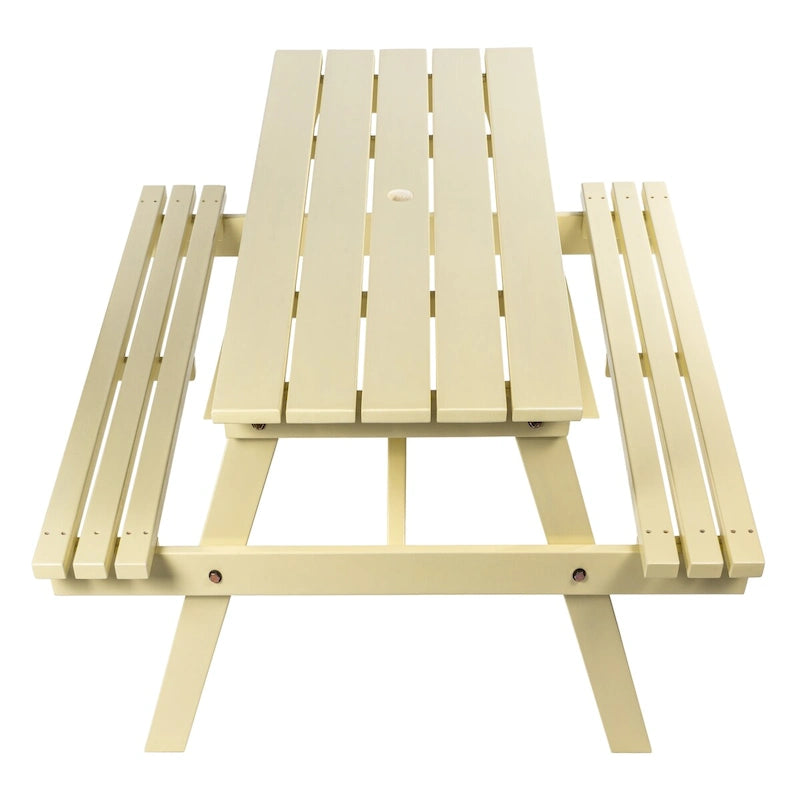 Light Teak / Almond / Teak Brown 59" Outdoor Eucalyptus Wood Picnic Table with Benches & Umbrella Hole – Seats 6–8