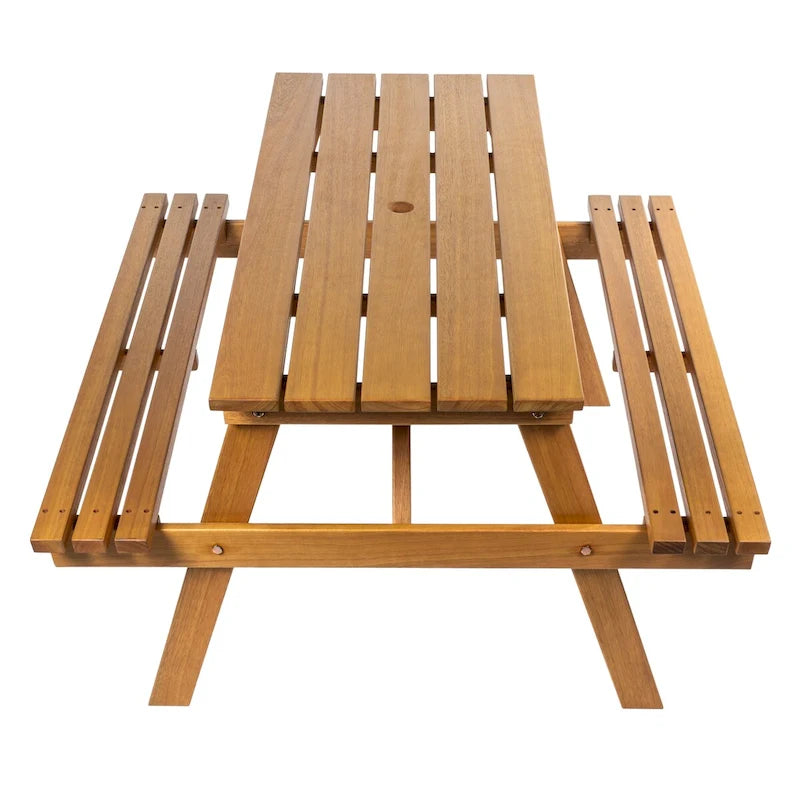 Light Teak / Almond / Teak Brown 59" Outdoor Eucalyptus Wood Picnic Table with Benches & Umbrella Hole – Seats 6–8