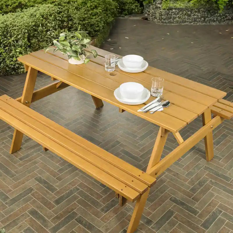 Porto 59 Modern Classic Outdoor Wood Picnic Table Benches with Umbrella Hole, by JONATHAN Y