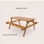 Light Teak / Almond / Teak Brown 59" Outdoor Eucalyptus Wood Picnic Table with Benches & Umbrella Hole – Seats 6–8