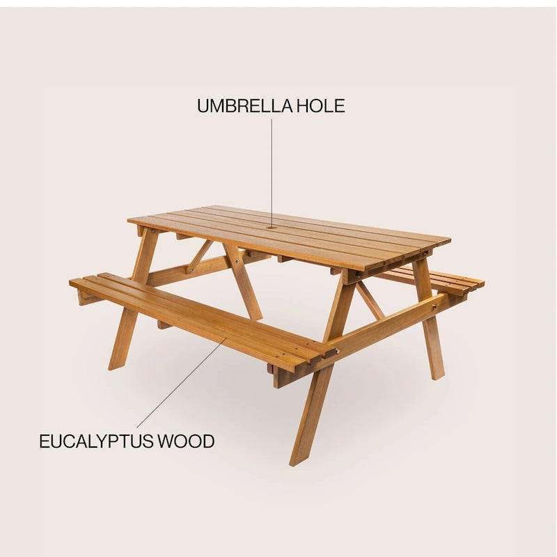 Light Teak / Almond / Teak Brown 59" Outdoor Eucalyptus Wood Picnic Table with Benches & Umbrella Hole – Seats 6–8