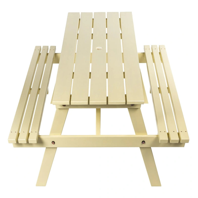 Light Teak / Almond / Teak Brown 59" Outdoor Eucalyptus Wood Picnic Table with Benches & Umbrella Hole – Seats 6–8