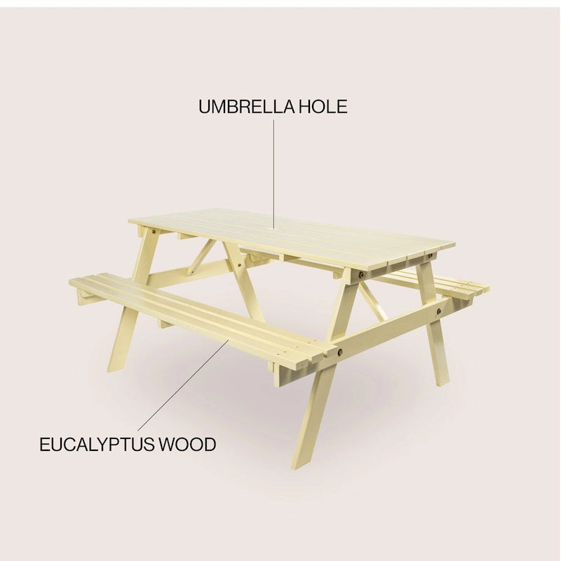 Light Teak / Almond / Teak Brown 59" Outdoor Eucalyptus Wood Picnic Table with Benches & Umbrella Hole – Seats 6–8