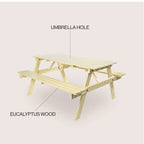 Light Teak / Almond / Teak Brown 59" Outdoor Eucalyptus Wood Picnic Table with Benches & Umbrella Hole – Seats 6–8