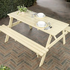 Light Teak / Almond / Teak Brown 59" Outdoor Eucalyptus Wood Picnic Table with Benches & Umbrella Hole – Seats 6–8