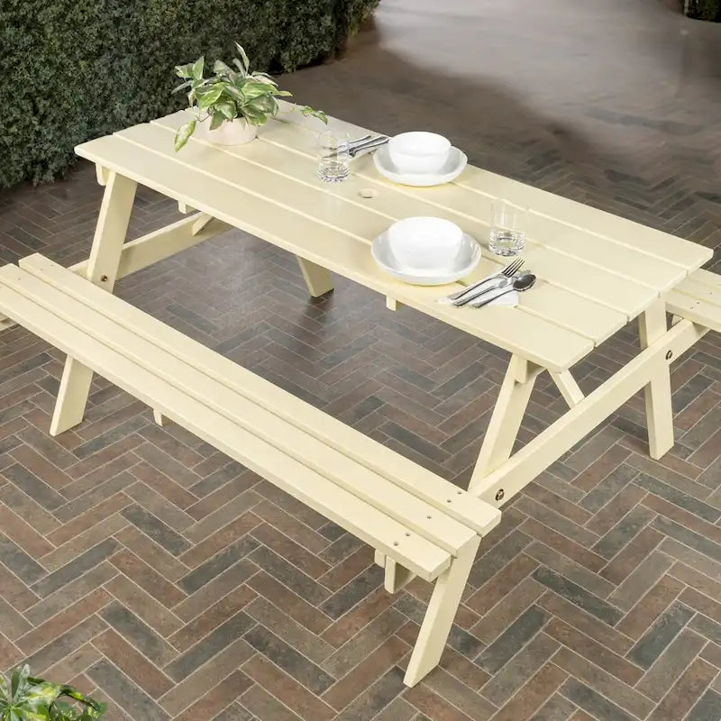 Light Teak / Almond / Teak Brown 59" Outdoor Eucalyptus Wood Picnic Table with Benches & Umbrella Hole – Seats 6–8