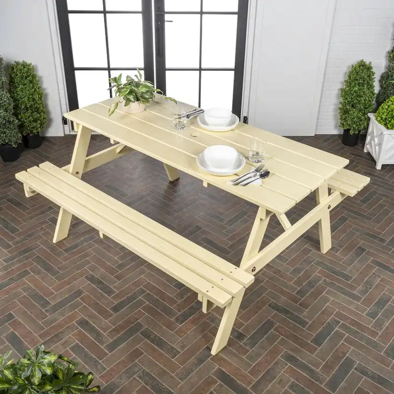 Light Teak / Almond / Teak Brown 59" Outdoor Eucalyptus Wood Picnic Table with Benches & Umbrella Hole – Seats 6–8