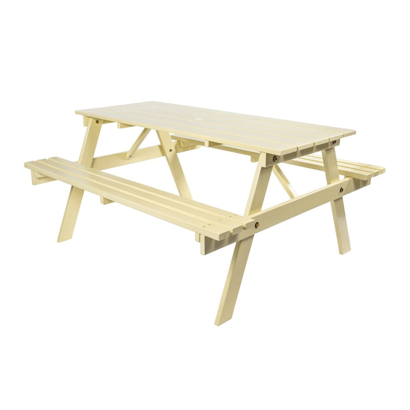 Light Teak / Almond / Teak Brown 59" Outdoor Eucalyptus Wood Picnic Table with Benches & Umbrella Hole – Seats 6–8