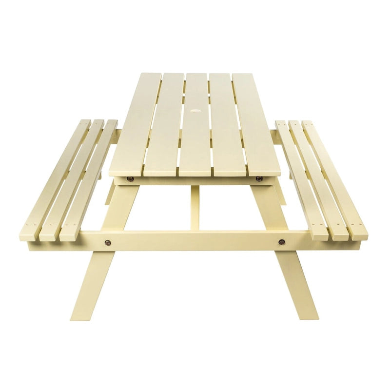 Light Teak / Almond / Teak Brown 59" Outdoor Eucalyptus Wood Picnic Table with Benches & Umbrella Hole – Seats 6–8