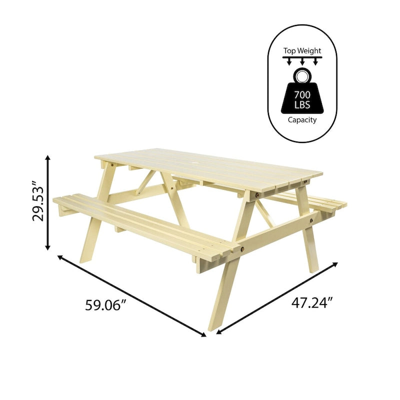 Light Teak / Almond / Teak Brown 59" Outdoor Eucalyptus Wood Picnic Table with Benches & Umbrella Hole – Seats 6–8