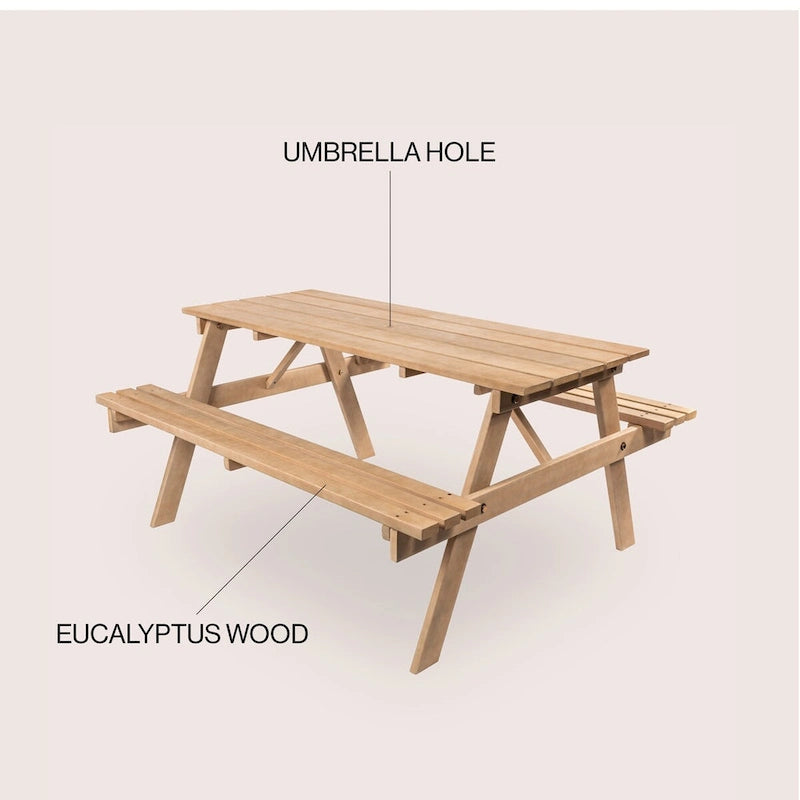 Light Teak / Almond / Teak Brown 59" Outdoor Eucalyptus Wood Picnic Table with Benches & Umbrella Hole – Seats 6–8
