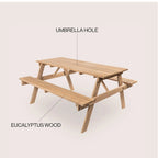 Light Teak / Almond / Teak Brown 59" Outdoor Eucalyptus Wood Picnic Table with Benches & Umbrella Hole – Seats 6–8