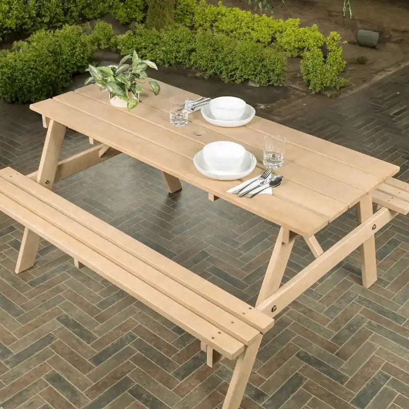Light Teak / Almond / Teak Brown 59" Outdoor Eucalyptus Wood Picnic Table with Benches & Umbrella Hole – Seats 6–8