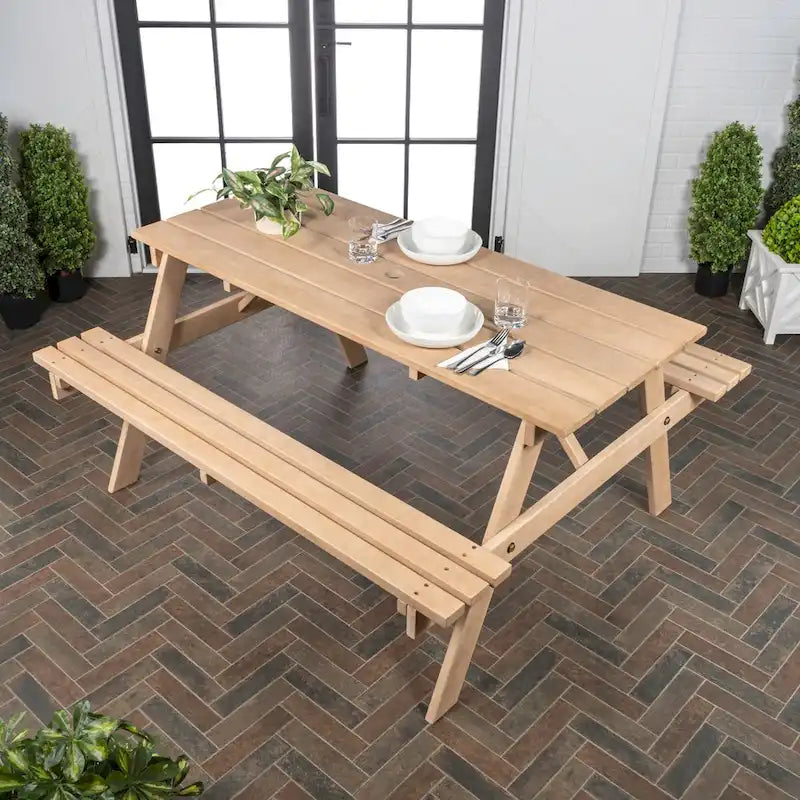 Light Teak / Almond / Teak Brown 59" Outdoor Eucalyptus Wood Picnic Table with Benches & Umbrella Hole – Seats 6–8