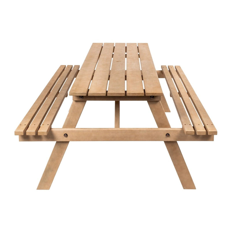 Light Teak / Almond / Teak Brown 59" Outdoor Eucalyptus Wood Picnic Table with Benches & Umbrella Hole – Seats 6–8
