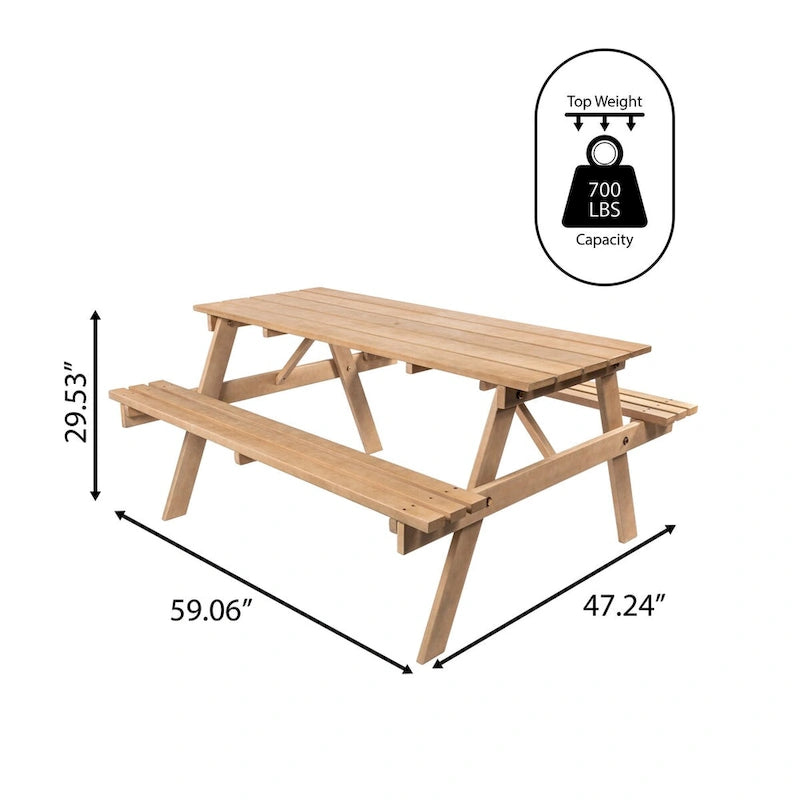 Light Teak / Almond / Teak Brown 59" Outdoor Eucalyptus Wood Picnic Table with Benches & Umbrella Hole – Seats 6–8