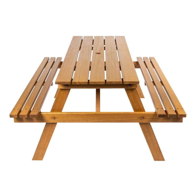 Light Teak / Almond / Teak Brown 59" Outdoor Eucalyptus Wood Picnic Table with Benches & Umbrella Hole – Seats 6–8