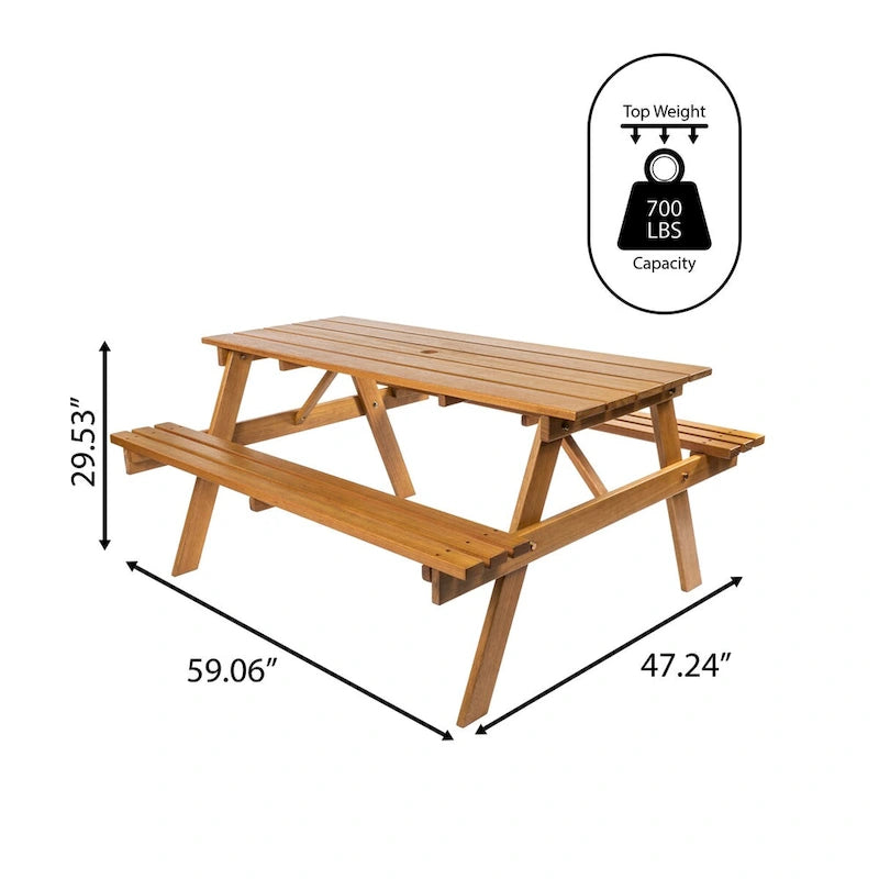 Light Teak / Almond / Teak Brown 59" Outdoor Eucalyptus Wood Picnic Table with Benches & Umbrella Hole – Seats 6–8