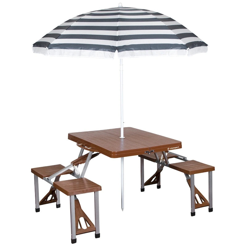 Brown Folding Picnic Table with Umbrella – Seats 4