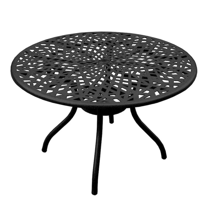 Brown / Black Round Outdoor Dining Table, Mesh Aluminum, Seats 4–6