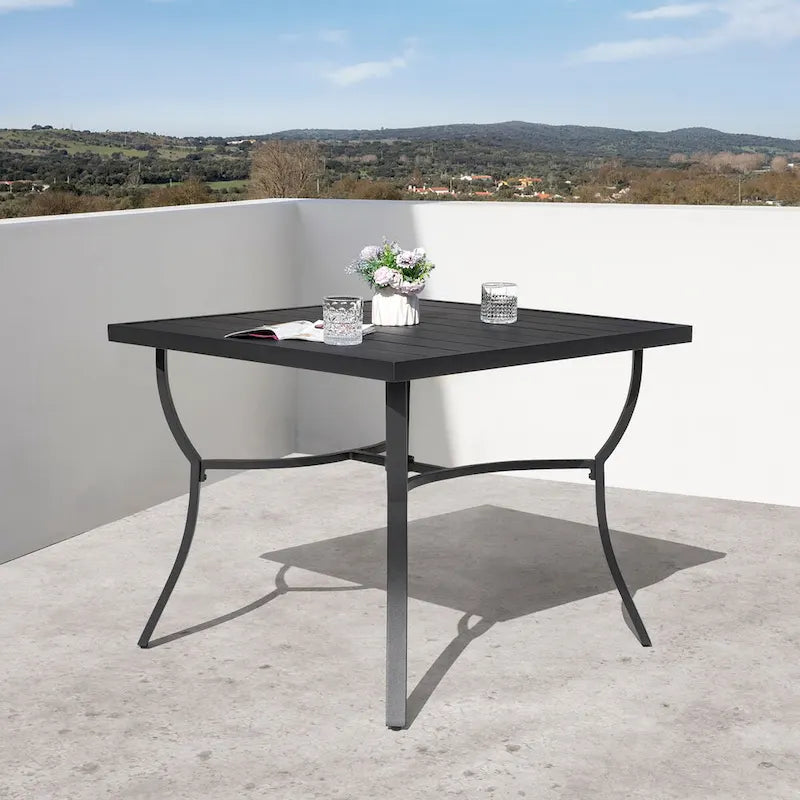 36 in. Square Aluminum Outdoor Dining Table for 4, Slatted Top, Black