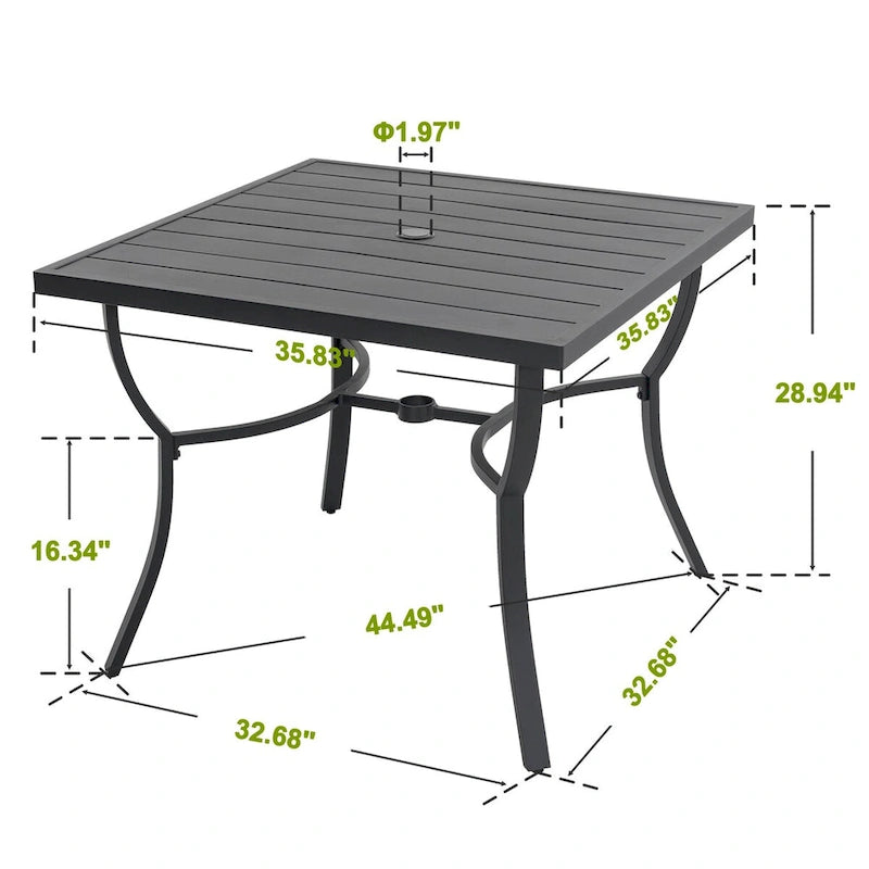 36 in. Square Aluminum Outdoor Dining Table for 4, Slatted Top, Black