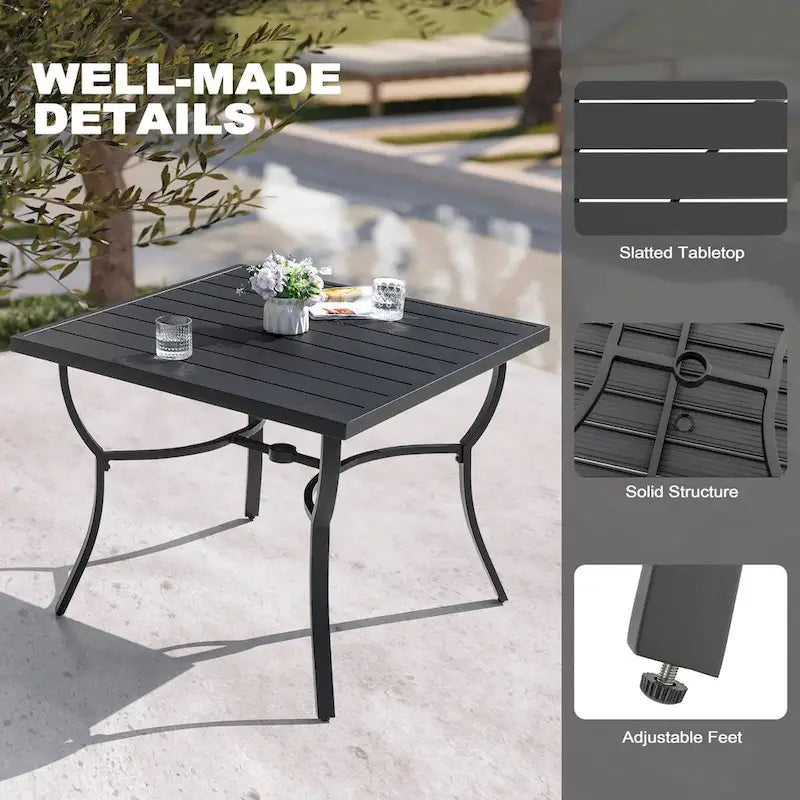 36 in. Square Aluminum Outdoor Dining Table for 4, Slatted Top, Black