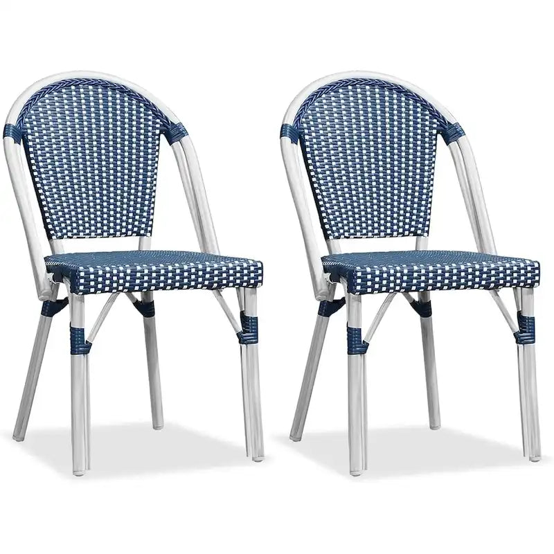 Outdoor Hand-Woven Aluminum Bistro Chair, White & Bamboo Finish, Set of 2