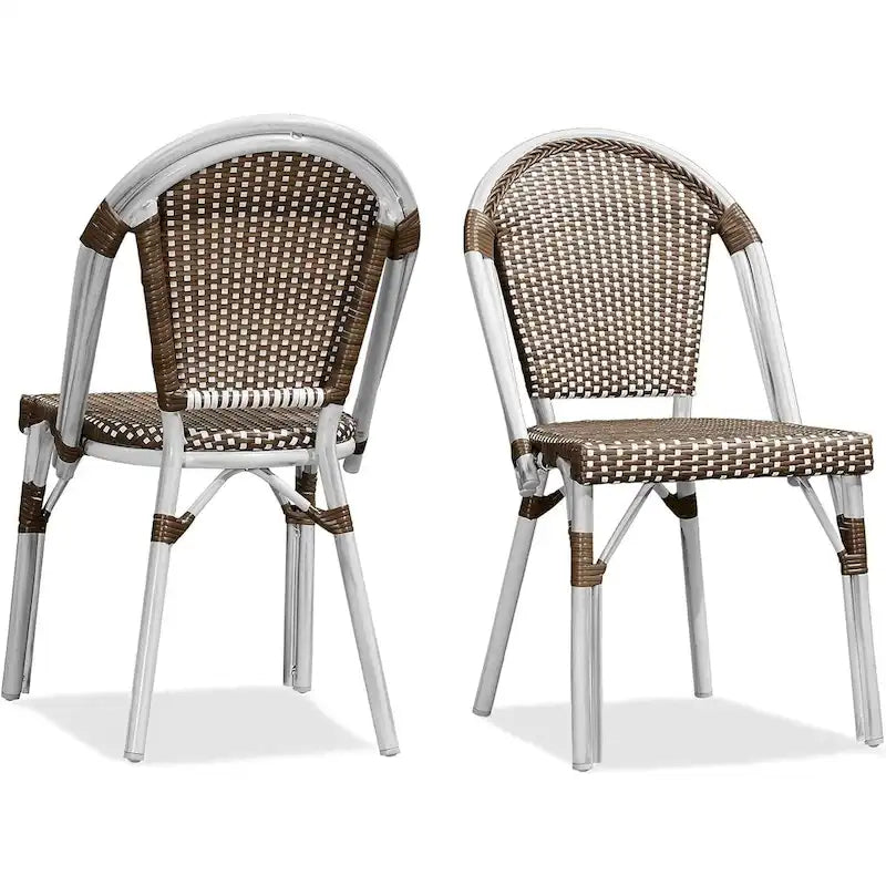 Outdoor Hand-Woven Aluminum Bistro Chair, White & Bamboo Finish, Set of 2