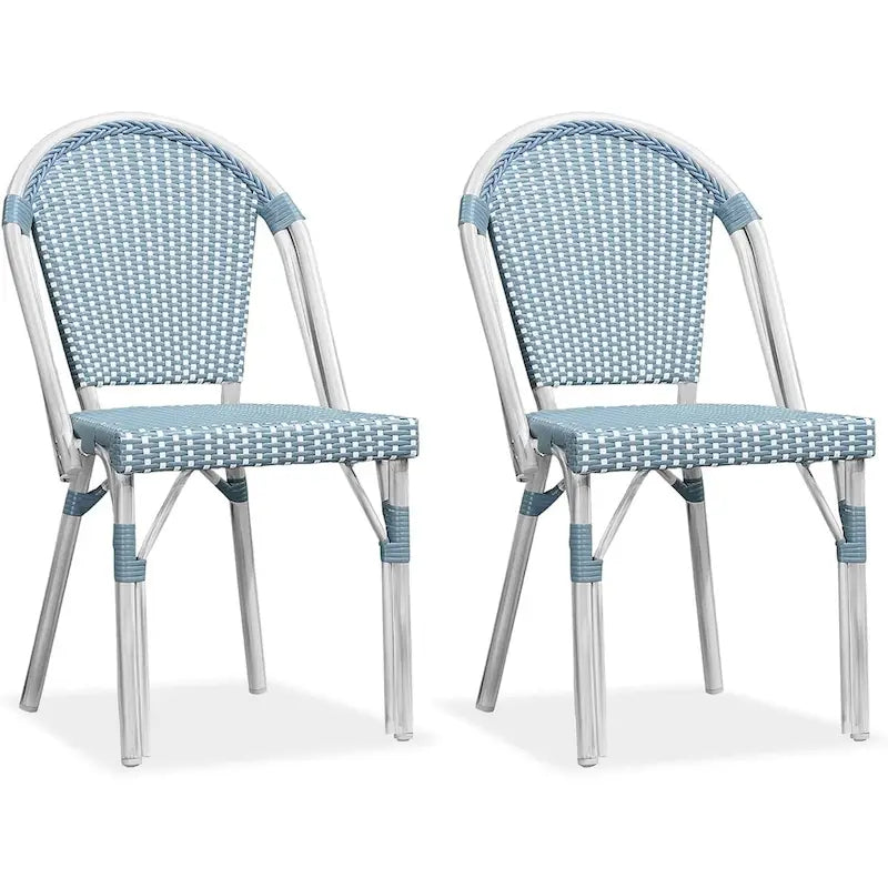 Outdoor Hand-Woven Aluminum Bistro Chair, White & Bamboo Finish, Set of 2