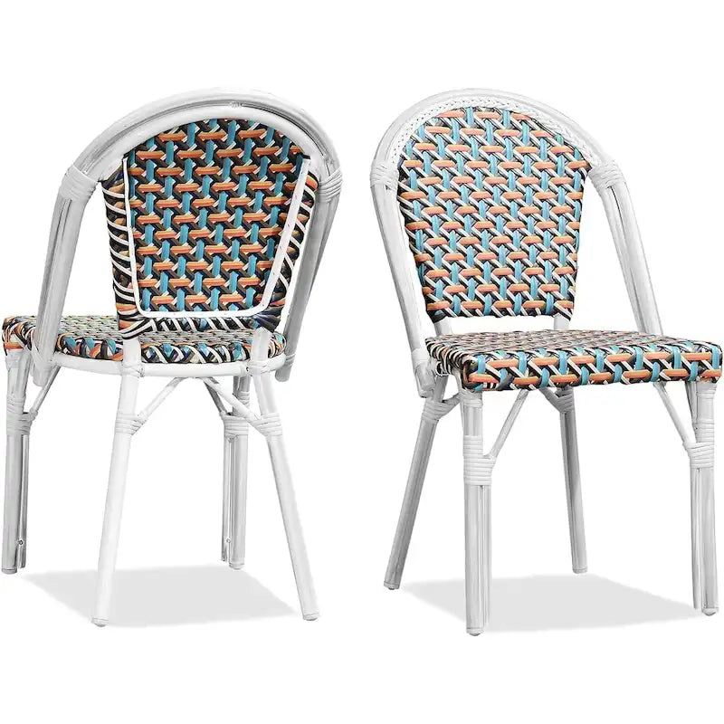 Outdoor Hand-Woven Aluminum Bistro Chair, White & Bamboo Finish, Set of 2