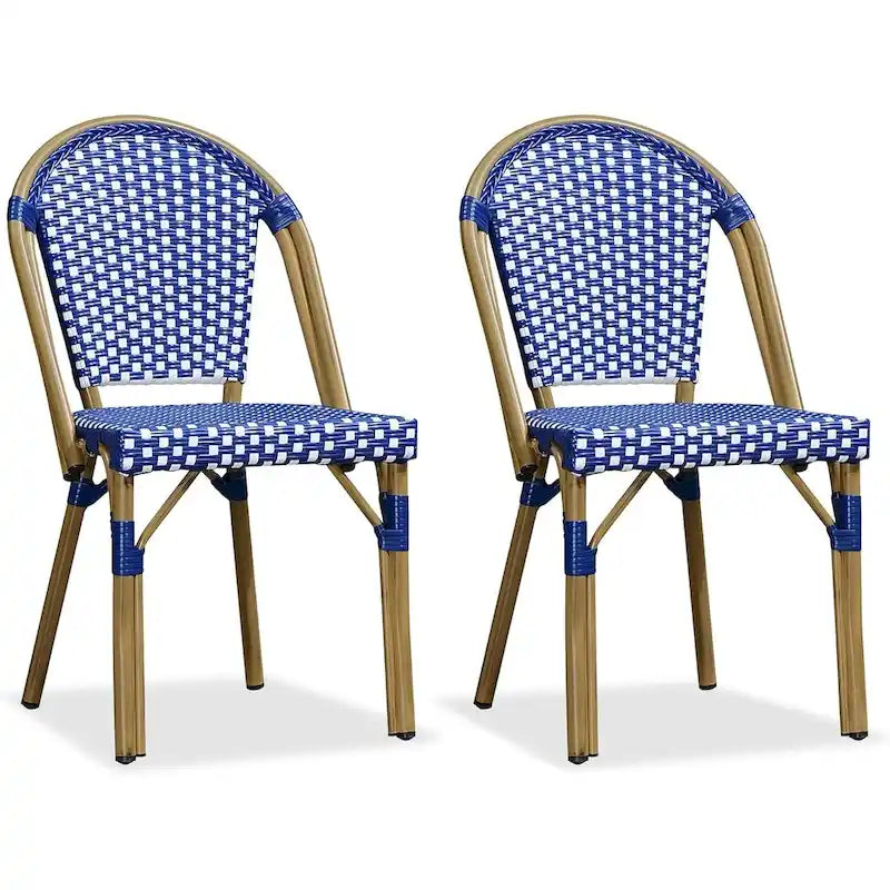 Outdoor Hand-Woven Aluminum Bistro Chair, White & Bamboo Finish, Set of 2