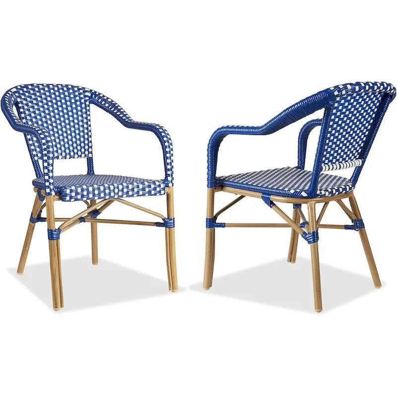 Outdoor Hand-Woven Aluminum Bistro Chair, White & Bamboo Finish, Set of 2