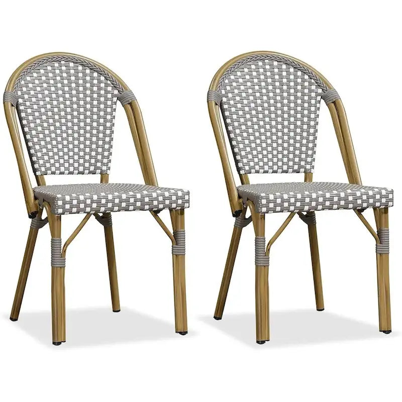 Outdoor Hand-Woven Aluminum Bistro Chair, White & Bamboo Finish, Set of 2