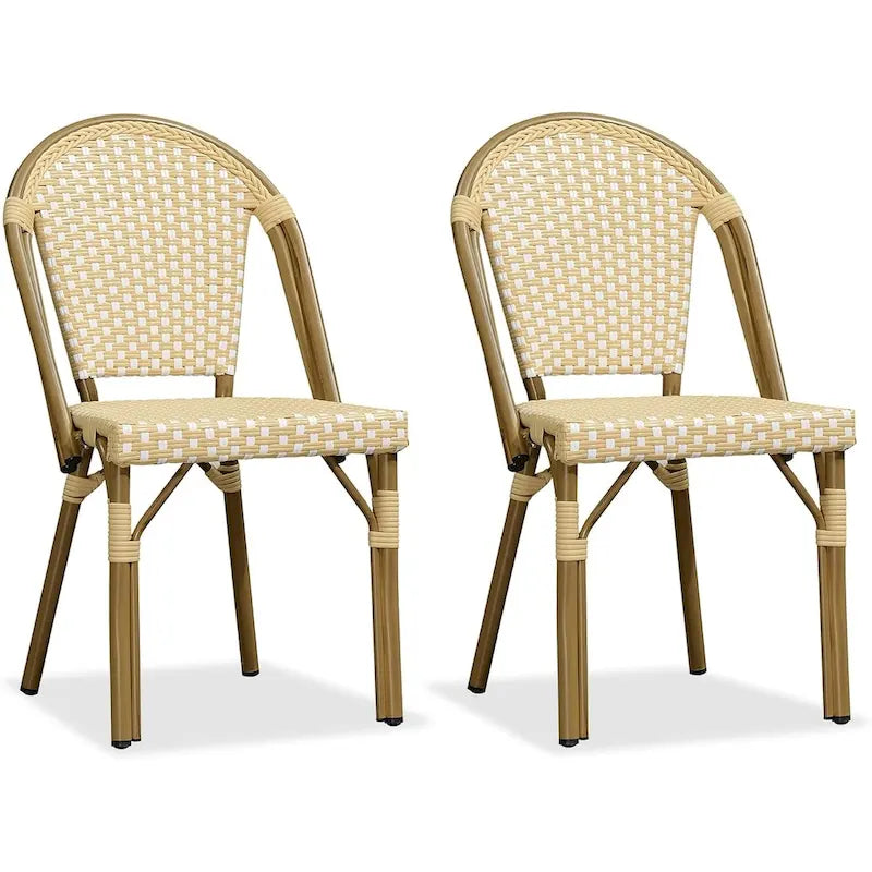 Outdoor Hand-Woven Aluminum Bistro Chair, White & Bamboo Finish, Set of 2