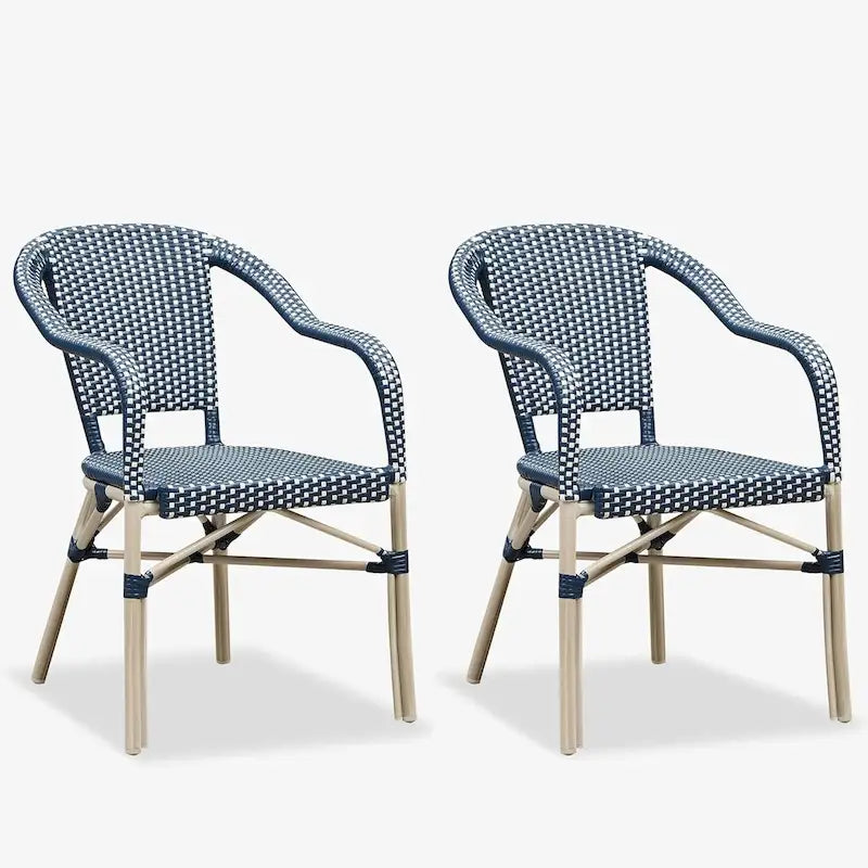 Outdoor Hand-Woven Aluminum Bistro Chair, White & Bamboo Finish, Set of 2