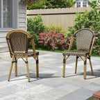 Outdoor Hand-Woven Aluminum Bistro Chair, White & Bamboo Finish, Set of 2