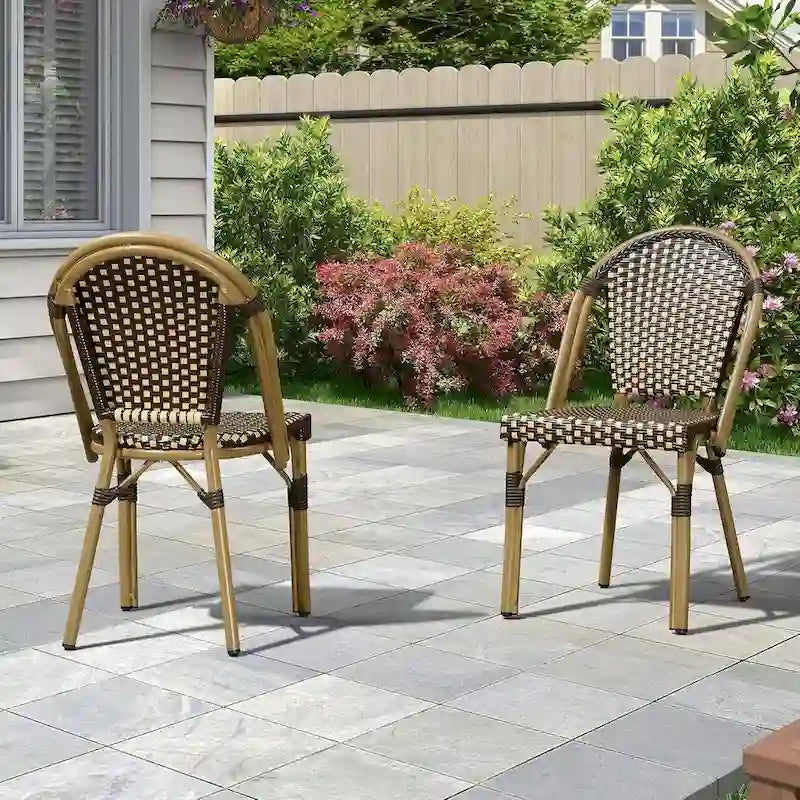 Outdoor Hand-Woven Aluminum Bistro Chair, White & Bamboo Finish, Set of 2
