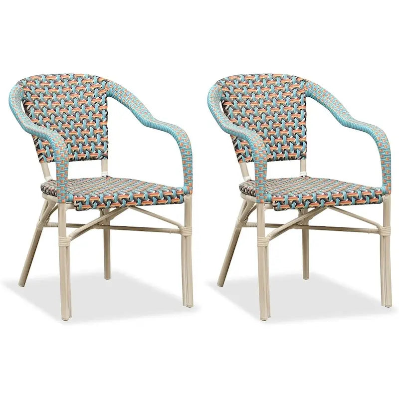Outdoor Hand-Woven Aluminum Bistro Chair, White & Bamboo Finish, Set of 2